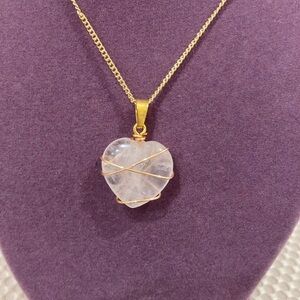 NWOT Translucent White Glass Heart With Gold Tone Wiring Necklace